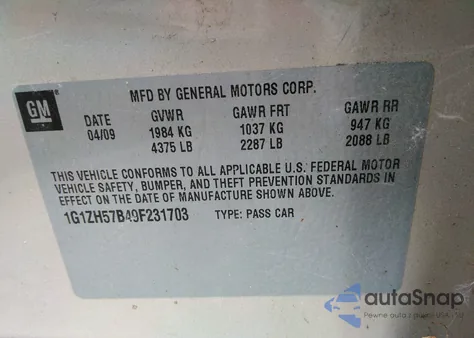 2009 Chevrolet Malibu Lt из США, поврежденный, VIN 1G1ZH57B49F231703